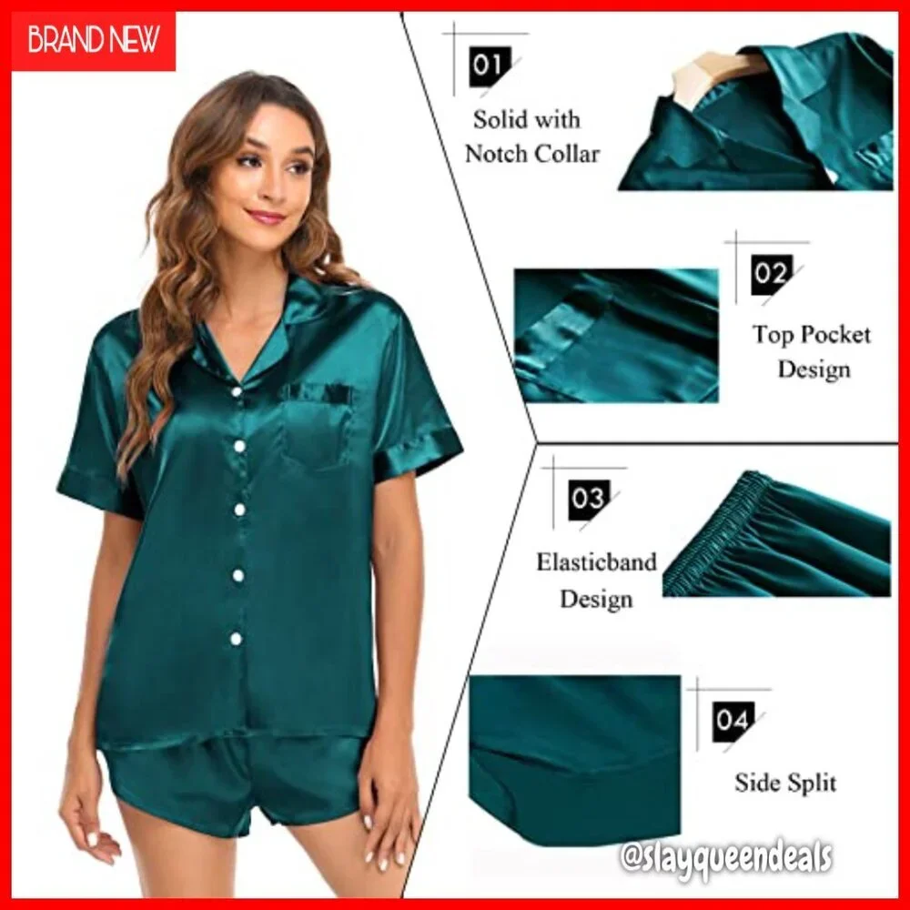 Satin Matching Pajama Set Short Sleeve Button Down Nightwear Loungewear